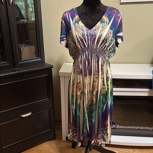 Boho style Unity World Wear Purple and Blue V-Neck Flutter Sleeve dress.